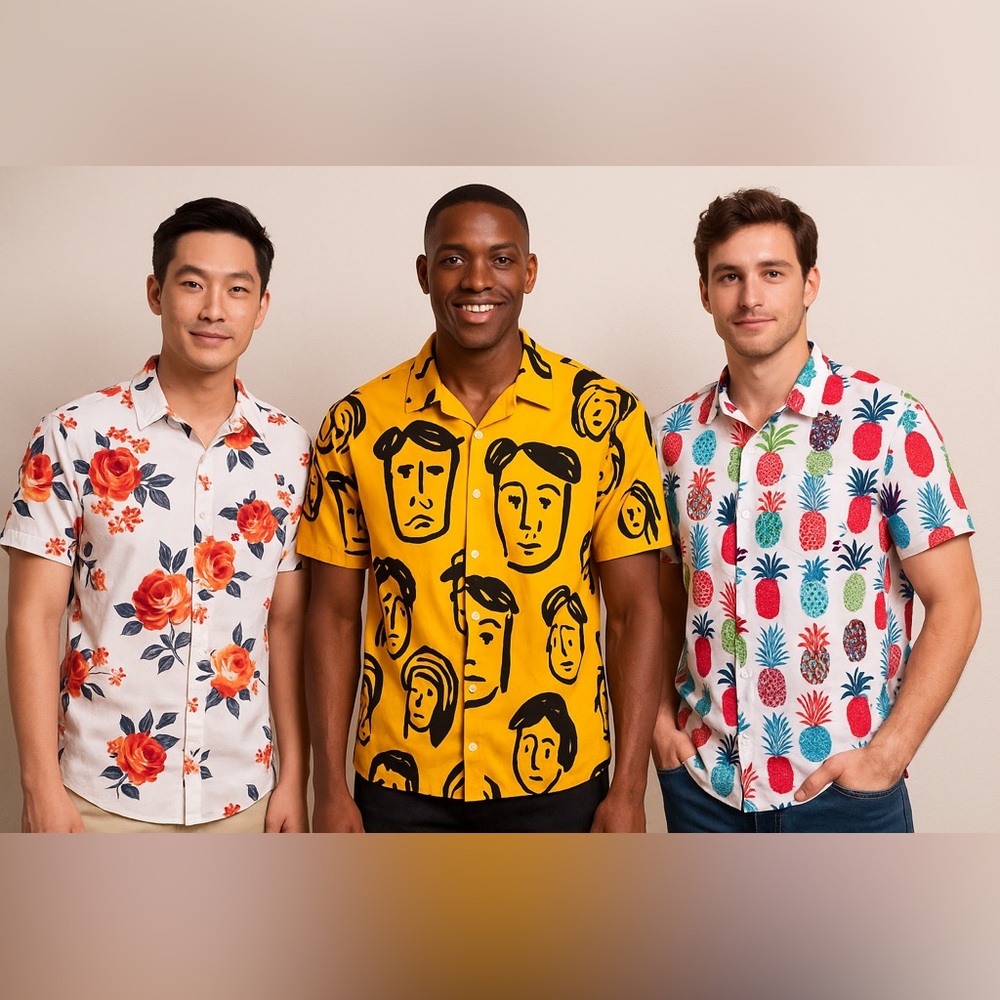 3 Tropical Print Men's Shirt: 2 Large & 1 XL
